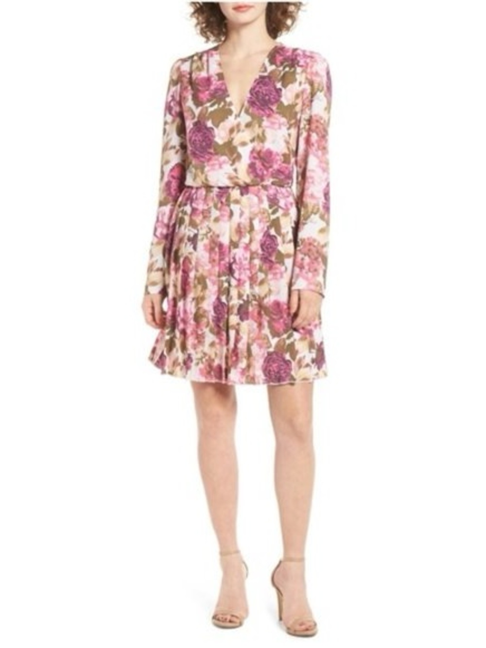 Leith Floral Long-Sleeve V-Neck Mini Dress - Pink & Brown